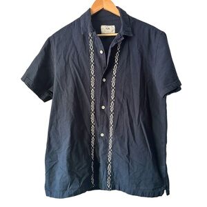 Folk Ridge Embroidered Linen Blend Navy Blue Short Sleeve Button Top Size Large‎